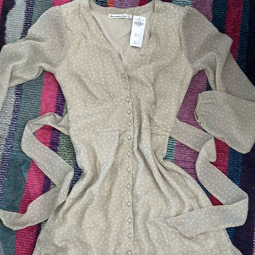 Pale Green Dot Button-Down Dress with Tie Back